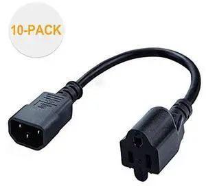 10Pack 1 Foot 18AWG Standard Computer Power Adapter Cord NEMA 515R Receptacle to IEC320 C14 03MBlack