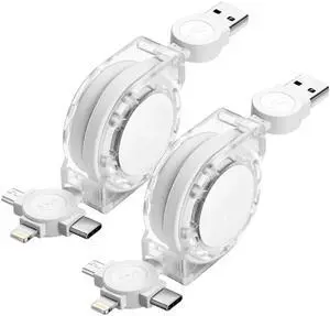 2-Pack ASICEN Retractable Multiple 3A Fast Charging Cable Multi Charger Cord 3.3ft/1m 3 in 1 USB Charge Cord with Phone/Type C/Micro USB Connector for Phone/Galaxy s9/S8/S7/Hawei and More (White)