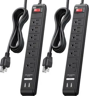 2-Pack 6-Outlet Surge Protector Power Strip with USB Ports - 8ft, Long Extension Cord, Surge Protector with USB Ports, Black
