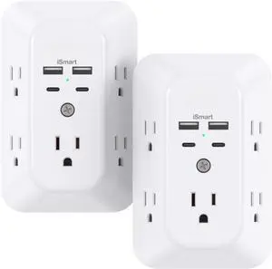 2 Pack Surge Protector Outlet Extender - 5-Outlet Splitter with 4 USB Wall Charger(2 USB-C Ports), Multi Plug Outlet Power Strip for Home, Dorm Room Essentials