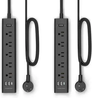 for 2 Pack Power Strip Surge Protector-5 Widely Spaced Outlets 3 USB Ports(1 USB C Port),1250W/10A with 5Ft Extension Cord, Power Strips with Surge Protection, Wall Mount for Home Office,Black