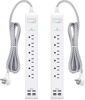 for 2 Pack Power Strip, 12FT Long Extension Cord, Surge Protector with 6 Outlets and 4 USB Ports (2 USB C), Flat Plug Overload Protection, Extension Cord 10+ ft Wall Mount for Home Office Dorm College