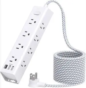Surge Protector Power Strip - 15 FT Extension Cord, Power Strip with 12 Widely AC Outlet 3 USB, Flat Plug Wall Mount Overload Protection, 1050J, Desk Charging Station for Home Office, ETL Listed,White