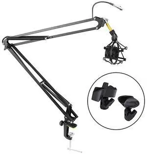 Suspension Microphone Boom Stand Pro Desktop Scissor Mic Stand Spring Arm w Shock Mount Adjustable and Extendable Arm Angle and Tilt Positioning Universal Table Clamp Mount Style PMKSH04