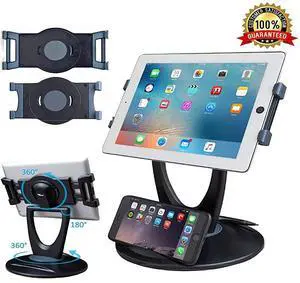 FOR-Retail Tablet Stand 360 Rotates iPad Stand for 6 inch to 13 inch Tablets Swivel Tablet Holder w Pen Storage and Phone Stand for Store Office Showcase Reception Kitchen Desktop 5025 Black