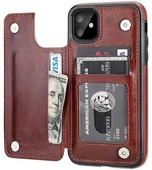 iPhone 11 Wallet Case with Card Holder PU Leather Kickstand Card Slots CaseDouble Magnetic Clasp and Durable Shockproof Cover for iPhone 11 61 InchBrown
