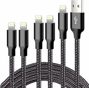 iPhone Charger 5 Pack 3/3/6/6/10FT Apple MFi Certified USB Lightning Cable Nylon Braided Fast Charging Cord Compatible for iPhone 14/13/12/11/X/Max/8/7/6/6S/5/SE/Plus/iPad - Black