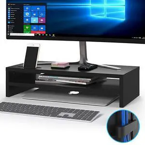 Wood Monitor Stand Riser 2 Tiers Desk TV Shelf with Cellphone Holder Ergonomic Laptop Printer Stand with Cable Management for Laptop Computer Notebook iMac PC 213 inches Black