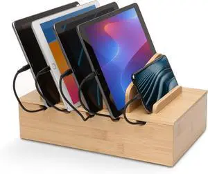 Wooden Charging Station Organizer - 5-Port Base for Phones, Tablets and Laptops - Multi-Device Docking Station with Removable Divider Slots - Cord Box with Cable Management - Bamboo