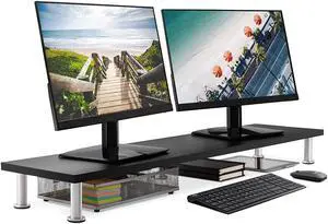 Large Dual Monitor Stand for Computer Screens - Solid Bamboo Riser Support The Heaviest Monitors, Printers, Laptops or TVs - Perfect Shelf Organizer for Office Desk Accessories & TV Stands (Black)