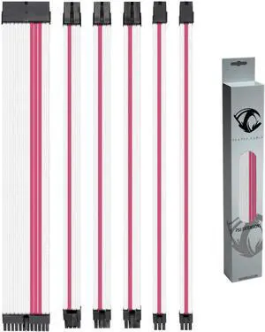 Sleeved PSU Extension Set - Power Supply Extensions - 1x 24 Pin/ 2X 8 Pin/ 2X 6 Pin/ 1x 4+4 Pin - with Combs - 30cm (White & Pink)