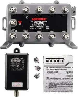 9 Port Bi-Directional Cable TV Splitter Signal Booster/Amplifier with Active Return Zero Signal Loss VoIP Telephone Bypass Port and F59 Terminators Antronix VR900B/AC