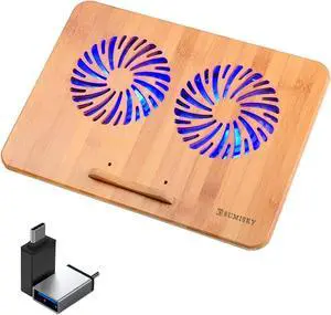 Laptop Stand Cooling Pad 100% Bamboo Adjustable Laptop Desk with 2 Quiet Cooling Fans Blue Light and 2 USB Ports Ergonomic Cooler Pad (15x11 with 2 Pack USB C to USB Adapter)