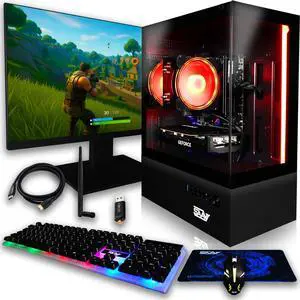 SAAV X9 2025 Gaming PC Tower Computer, Intel i5-8500T 3.5GHz, GeForce RTX 3050 6GB GDDR6 , 22 inch Monitor, 16GB DDR4, 512GB NVMe SSD, WIFI 6, Bluetooth, Windows 11, RGB Prebuilt Desktop Bundle Black