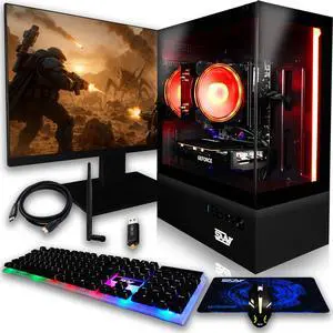 SAAV X10 2025 Gaming PC Tower Computer, AMD Ryzen 5 5500 4.2GHz, GeForce RTX 3050 6GB GDDR6, 22 inch Monitor, 16GB DDR4, 512GB NVMe SSD, WIFI 6 Bluetooth, Windows 11, RGB Prebuilt Desktop Bundle Black