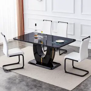 Sumdeal 63"Modern Black Rectangle Faux Marble Dining Table Room Sets for 4,Dining Table with 4 PU Leather Dining Chairs,Black Table and 4 White C-shaped Chairs with Black Leg