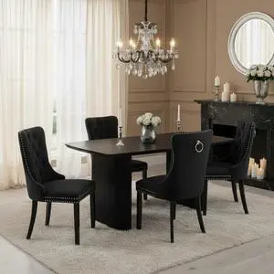 Sumdeal's 5- or 7-piece modern dining set includes a black woodgrain MDF dining table and 4 or 6 velvet high-back chairs, perfect for dining rooms, kitchens, and home decor.