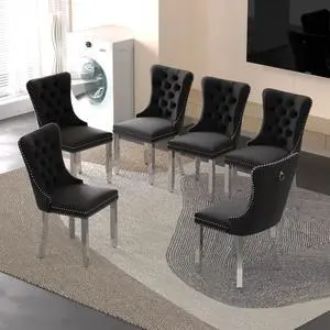 Sumdeal Velvet Dining Chairs Set of 6, Tall Back Side Chair, Modern Upholstered High-end Tufted Side Chair with Button Back Ring,Black with Silver Leg Sumdeal Velvet Dining Chairs Set of 6, Tall Back Side Chair, Modern Upholstered High-end Tufted Side Chair with Button Back Ring,Black with Silver Leg
