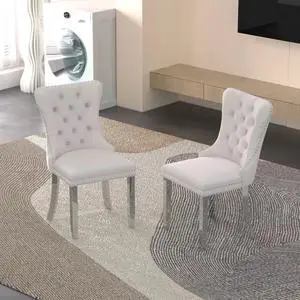 Sumdeal Velvet Dining Chairs Set of 2, Tall Back Side Chair, Modern Upholstered High-end Tufted Side Chair with Button Back Ring,Beige with Silver Leg