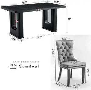 Sumdeal 5/7-piece dining and chair set includes a 64.5-inch black modern dining table and 4/6 velvet upholstered chairs, suitable for dining rooms, kitchens, and meeting rooms.