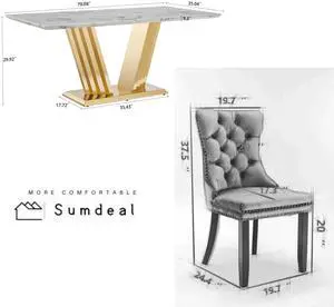 Sumdeal 5/7-piece dining and chair set features a 70-inch modern faux marble dining table with 4/6 velvet-upholstered chairs, available in gold/silver and five solid colors.