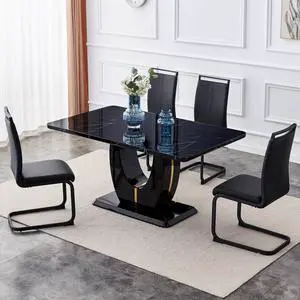 Sumdeal 63"Modern Black Rectangle Faux Marble Dining Table Room Sets for 4,Dining Table with 4 PU Leather Dining Chairs,Black Table and 4 Black C-shaped Chairs with Black Leg