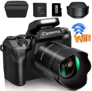 Hoegoa 4K Digital Camera 64MP WiFi Vlogging Cam  3.5" Touch Screen, Front & Rear Lens, Flash, 3000mAh Battery, 16X Zoom, Lens Hood, 32GB Card, Compact YouTube Video/Photography Camera (Black)