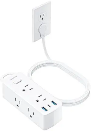 Power Strip Surge Protector, Olcorife Ultra Thin Flat Plug Extension Cord 5ft, 6 Outlets 3 USB Ports(1 USB C), 3 Sided Outlet Extender for Home Office Travel Dorm Room Essentials, White