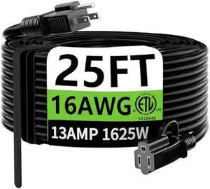 HUANCHAIN Indoor Outdoor Black Extension Cord 25 ft Waterproof, 16/3 Gauge Flexible Cold-Resistant Appliance Cable Outside, 13A 1625W 16AWG SJTW, 3 Prong Heavy Duty Electric Cord, ETL