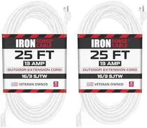 Iron Forge Cable 2 Pack Weatherproof 25 Ft Outdoor Extension Cord - 16/3 SJTW Heavy Duty White Extension Cord 3 Prong - 13 Amp Exterior Power Cable