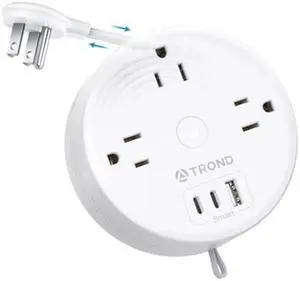 TROND Travel Power Strip - Retractable Extension Cord 5ft Ultra Thin Flat Plug, Retractable Power Strip with 3 AC Outlets 3 USB Ports (2 USB C), Cruise Ship Essentials, for Home Hotel Dorm Room, White