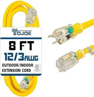 YOJOE Indoor Outdoor Extension Cord with Lighted End, 3 Prong 15A Weatherproof Power Cord, 12 Gauge Heavy Duty 8 ft Yellow Extension Cord for Garage, Garden and Home, 12/3 SJTW UL Listed