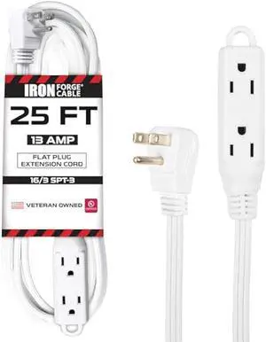 Iron Forge Cable 25 ft Flat Plug White Extension Cord with 3 Outlets - 16/3 SJTW 3 Prong Indoor Extension Cord with Multiple Outlets