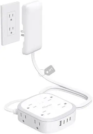 Outlet Cover Extension Cord Short 3ft, NUTICT Flat Plug Power Strip with 8 Outlets & 3 USB-C & 1 USB-A Port, 13A/1625W, 1440J Surge Protector, Indoor 3 Prong Flat Wall Plug for Tight Spaces, White