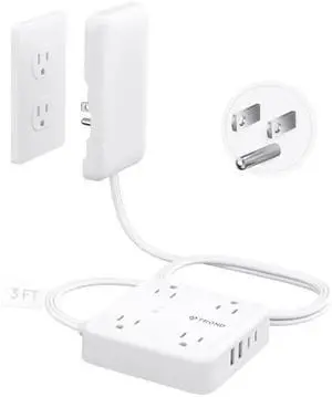 TROND Flat Plug Power Strip with Outlet Cover - 3ft Extension Cord with Multiple Outlets and 4 USB Ports, Mountable Surge Protector Outlet Concealer, Kitchen Home Improvement for Hide Messy, White