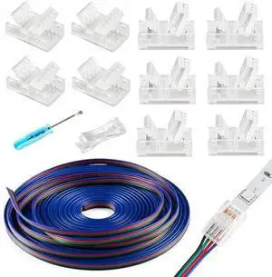 HOMELYLIFE 4 Pin LED Strip Connectors Solderless 10 Pcs with 16.4ft Extension Cable 4 Conductor for Waterproof or Non-Waterproof 10mm Wide 4 Pin RGB LED Strip Lights