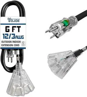 YOJOE 3-Outlets Indoor Outdoor Extension Cord with Lighted End, 3 Prong 15A Weatherproof Power Cord, 12 Gauge Heavy Duty 6 ft Black Extension Cord Multiple Outlets, 12/3 SJTW UL Listed