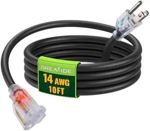 10 Ft 14/3 Lighted Outdoor Extension Cord - 14 Gauge SJTW Heavy Duty Black Extension Cable with 3 Prong Grounded Plug, Great for Lawn, Garden, Appliances