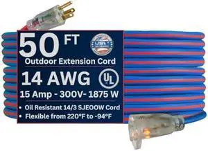 US Wire and Cable 14/3 Gauge x 50-Foot Extreme Cold Weather Extension Cord  Heavy-Duty, 221°F to - 94°F Rating, Lighted Plug, Blue and Red, SJEOOW, Weather-Resistant, Ideal for Outdoor & Indoor Use