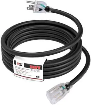 EP 15Ft 14/3 Lighted Outdoor Extension Cord - 14 Gauge 3 Prong SJTW Heavy Duty Black Extension Cable with 3 Prong Grounded Plug for Safety,Great for Garden and Major Appliances,UL Listed