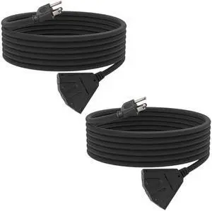 2 Pack 15 Ft Outdoor Extension Cord with 3 Electrical Power Outlets - 16/3 SJTW Black Cable with 3 Prong Grounded Plug