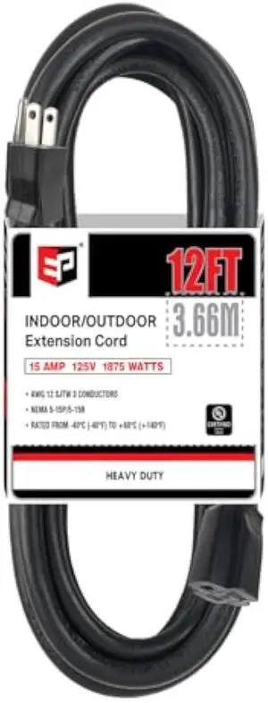 EP 12 Ft Outdoor Extension Cord - 12/3 SJTW Heavy Duty Black Extension Cable with 3 Prong Grounded Plug - Power Cord for Lawn, Garden, Appliances