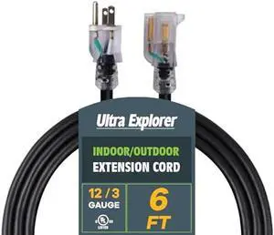Indoor Outdoor Extension Cord Waterproof 6 FT, 12 Gauge Heavy Duty Black Extension Cord SJTW, Flexible Cold-Resistant 3 Prong Grounded Power Cord for Lawn, Garden, Appliance, UL Listed