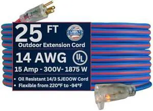 US Wire 98025 14/3 25-Foot SJEOW TPE Cold Weather Extension Cord Blue with Lighted Plug US Wire 98025 14/3 25-Foot SJEOW TPE Cold Weather Extension Cord Blue with Lighted Plug