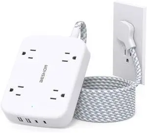 Surge Protector Power Strip with 2 USB C - BESHON 5 Ft Flat Extension Cord Flat Plug Power Strip, 4 Widely Outlets and 4 USB Charging Ports, Outlet Extender, 900 Joules, for Home Dorm Room Essentials