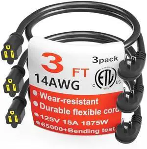 HUANCHAIN 14 Gauge 3 Feet (3 Pack) Flat Plug Extension Cord Black Indoor Outdoor, Heavy Duty 3 Prong Grounded Low Profile Extension Wire Flexible, 15A 1875W 125V 14AWG SJTW, ETL Listed