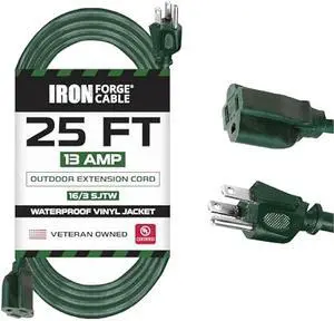 Iron Forge Cable Weatherproof 25 Ft Outdoor Extension Cord - 16/3 SJTW Heavy Duty Green Extension Cord 3 Prong - 13 Amp Exterior Power Cable
