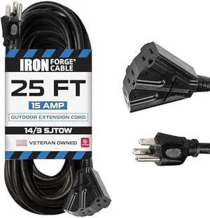 Iron Forge Cable 14 Gauge Outdoor Extension Cord 25 Ft with 3 Power Outlets, SJTOW 14/3 Heavy Duty Outdoor Black Extension Cord 3 Prong, Oil Resistant & Flame Retardant