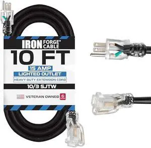Iron Forge Cable 10 ft Lighted Outdoor Extension Cord - 10/3 SJTW Heavy Duty Black Extension Cable with 3 Prong 15 AMP Grounded Plug for Safety