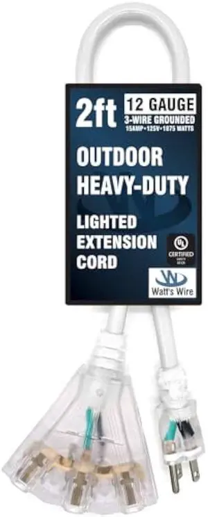 2 ft - 12 Gauge Heavy Duty Extension Cord - 3 Outlet Lighted SJTW - Indoor/Outdoor Extension_Cord by Watt's Wire - 2' 12-Gauge Grounded 15 Amp ExtensionCord Splitter
